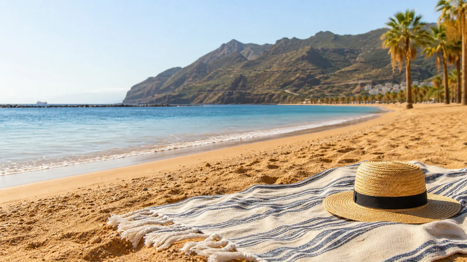 Strand på Tenerife med gyldent sand, turkisblåt hav, palmer og bjerge i baggrunden