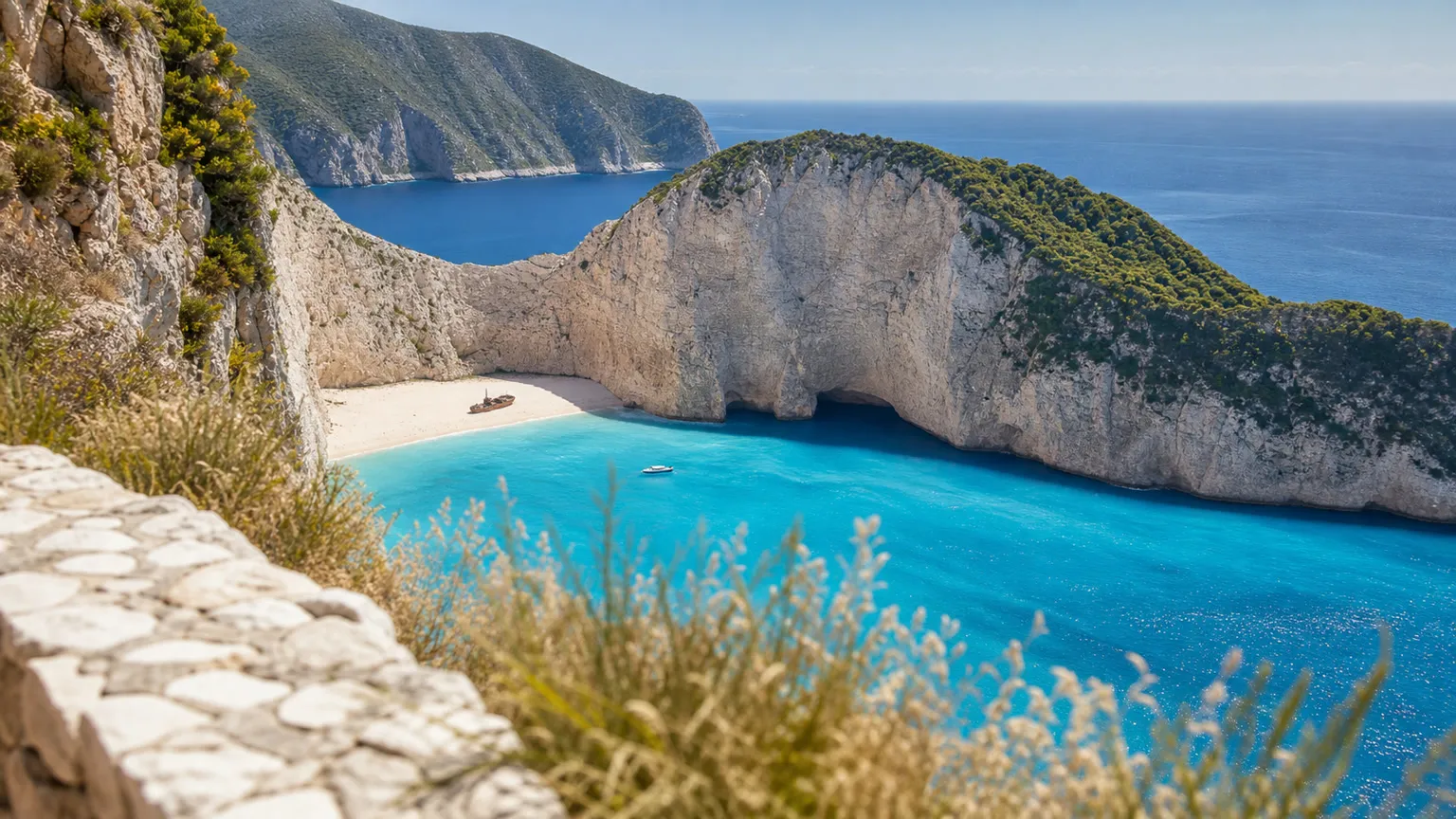 Udsigt over turkisblåt vand, hvid sandstrand og kalkstensklipper ved en dramatisk bugt på Zakynthos