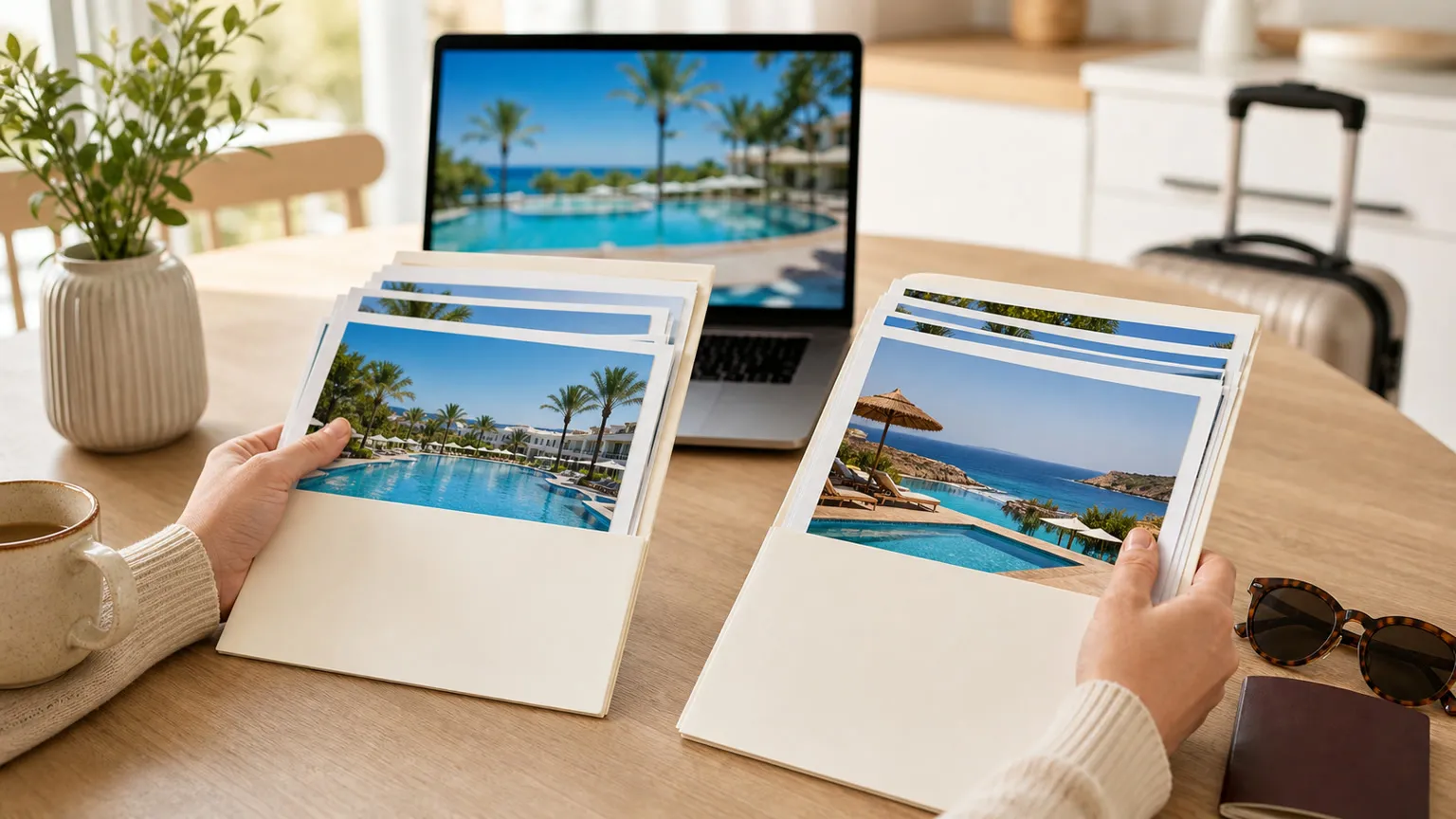 Hænder sammenligner to mapper med solferiefotos på et lyst bord med laptop og kuffert i baggrunden