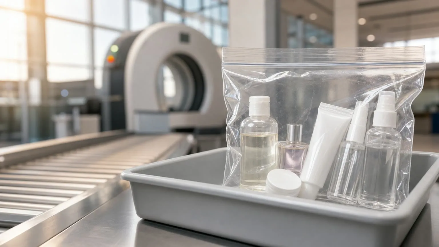 Gennemsigtig pose med rejsestørrelse-toiletartikler på en bakke i en lufthavns sikkerhedskontrol med CT-scanner i baggrunden