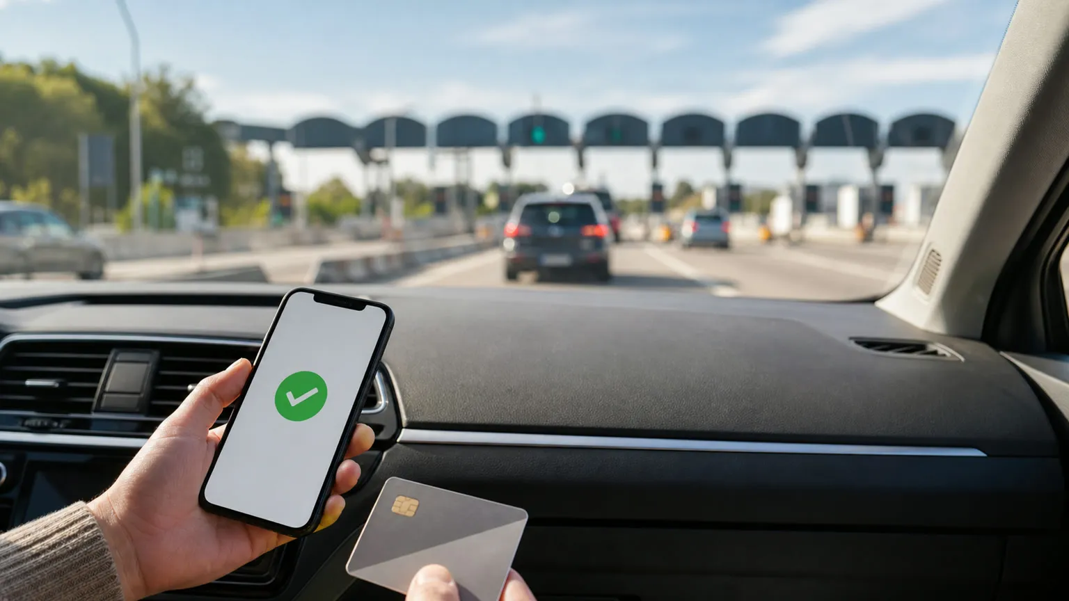 Bil ved europæisk betalingsanlæg med smartphone og betalingskort klar til digital vignet og vejafgift