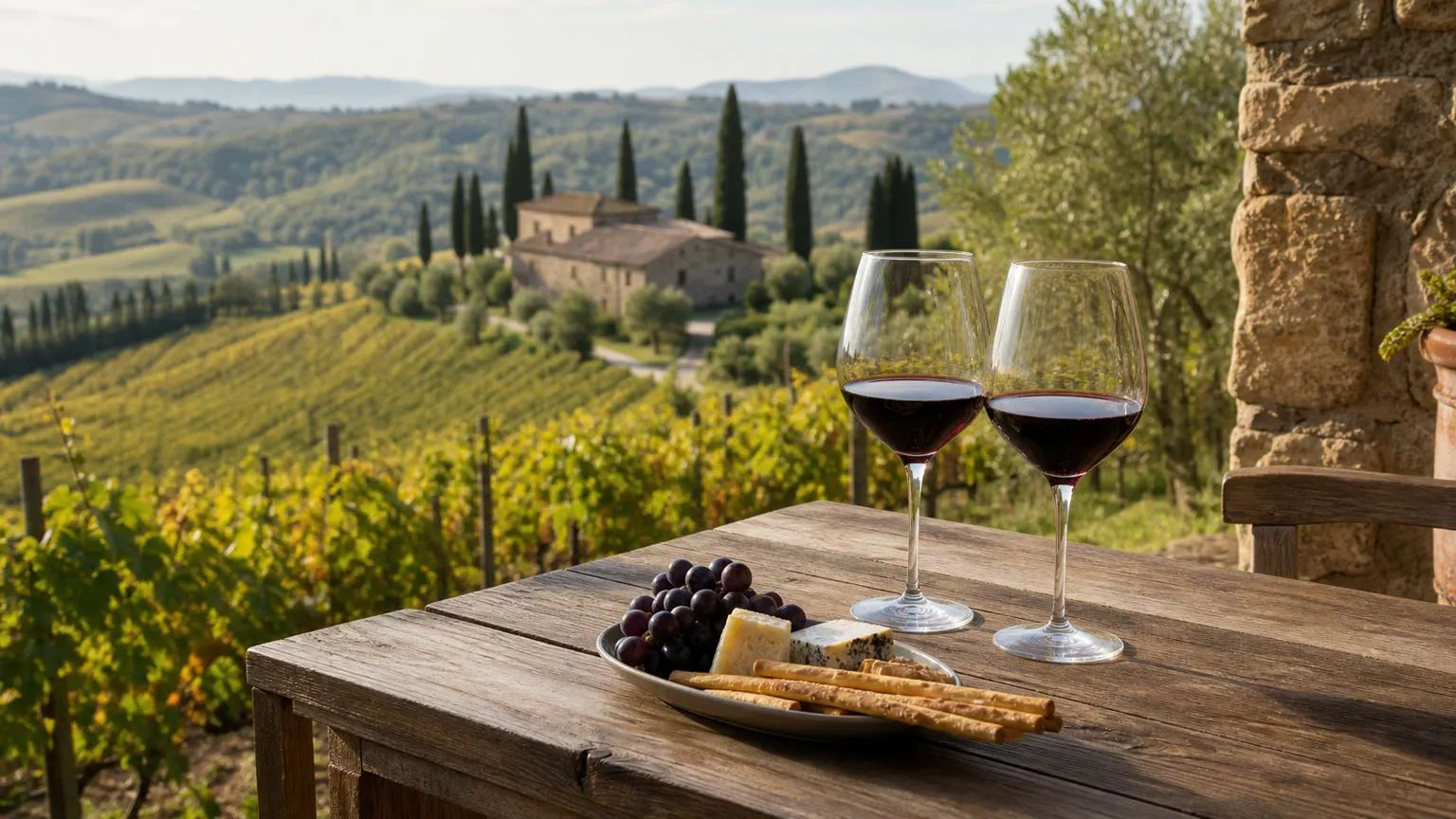 Vinsmagning på terrasse med rødvin, ost og druer foran solrige italienske vinmarker og cypresser