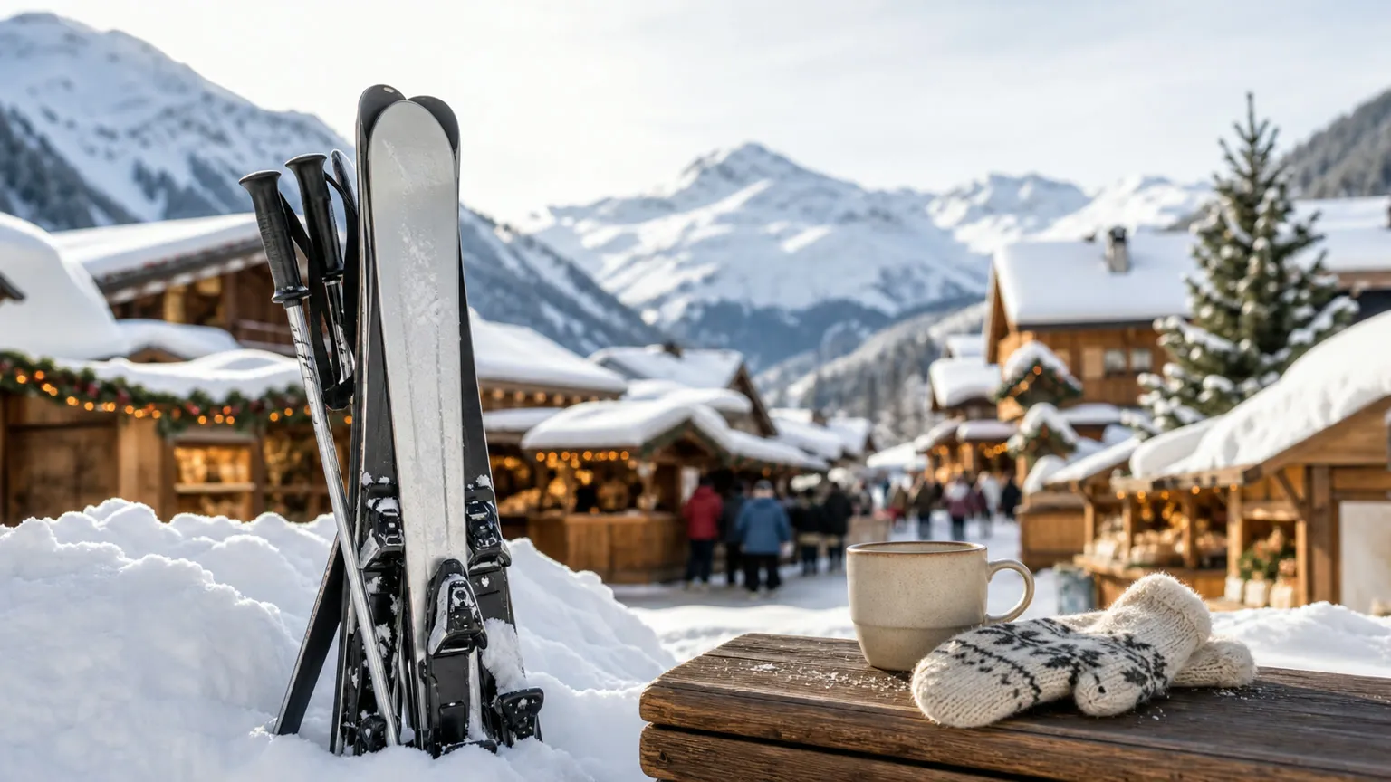 Ski, vanter og varm kop ved et snedækket alpint julemarked med bjerge i baggrunden