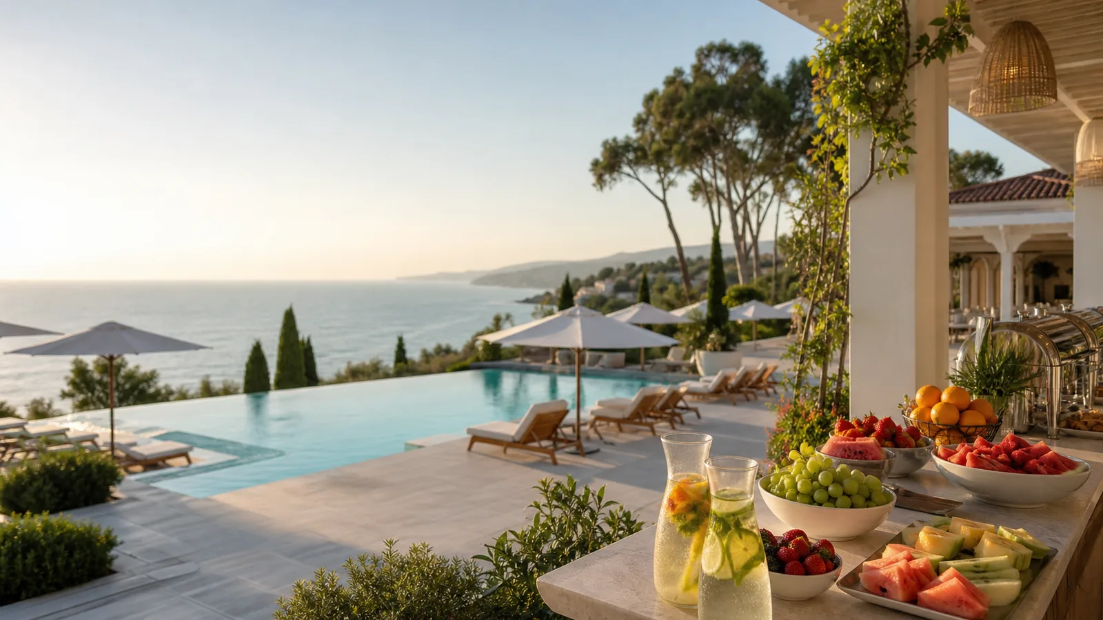 All Inclusive morgenmad ved resortpool med palmer og havudsigt