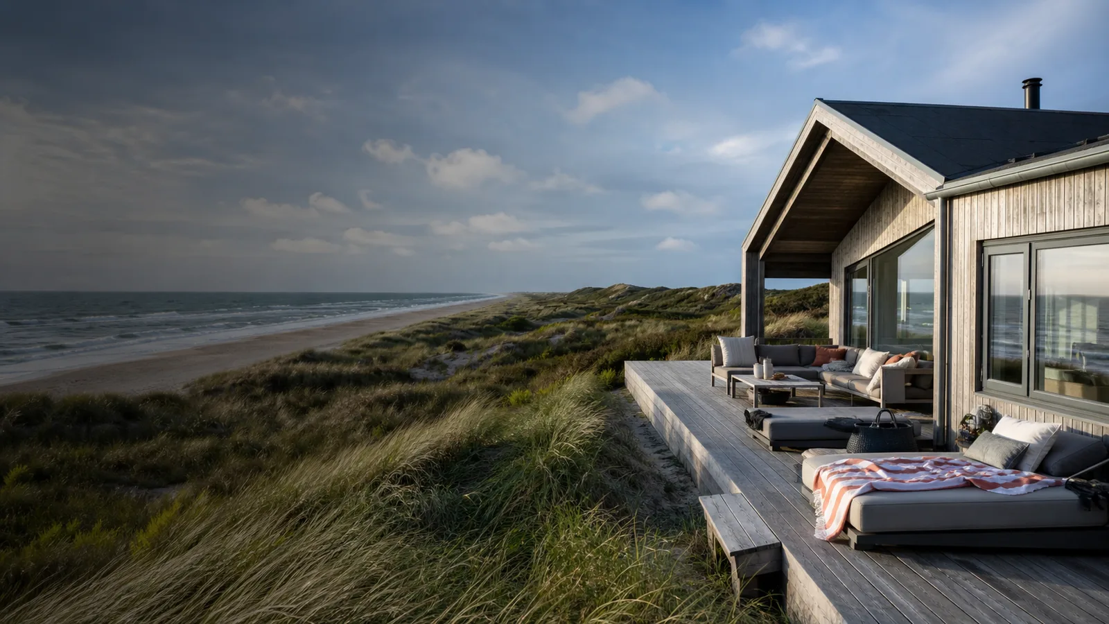 Strandtaske og nøgler på terrasse foran dansk sommerhus ved kysten