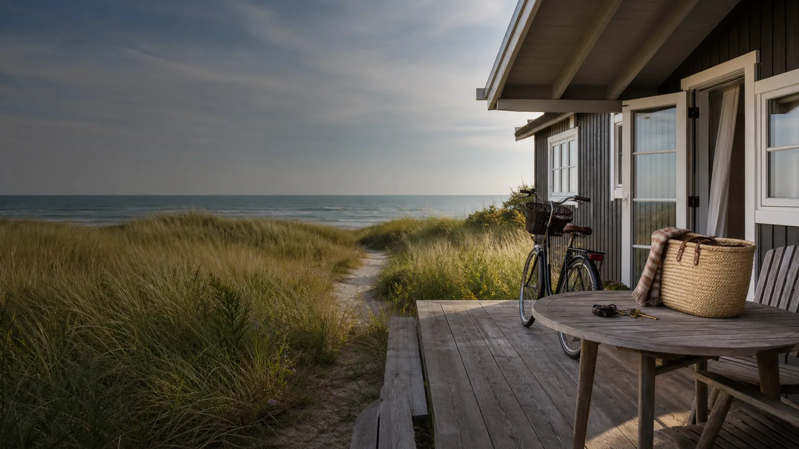 Dansk sommerhus ved klitter med terrasse