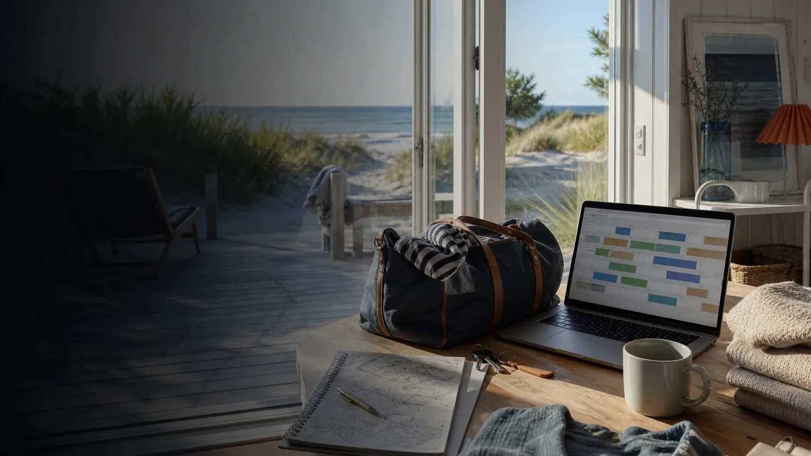 Strandtaske, nøgler og solbriller på terrasse foran dansk sommerhus