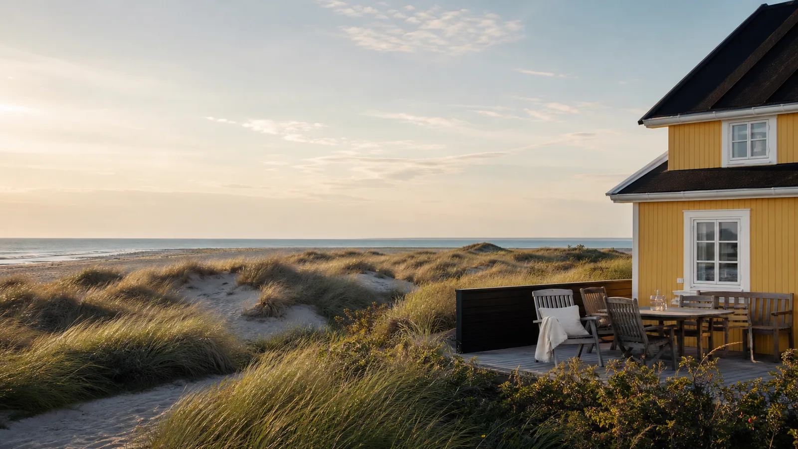 Nøgler og strandtaske på terrasse foran dansk sommerhus ved kysten