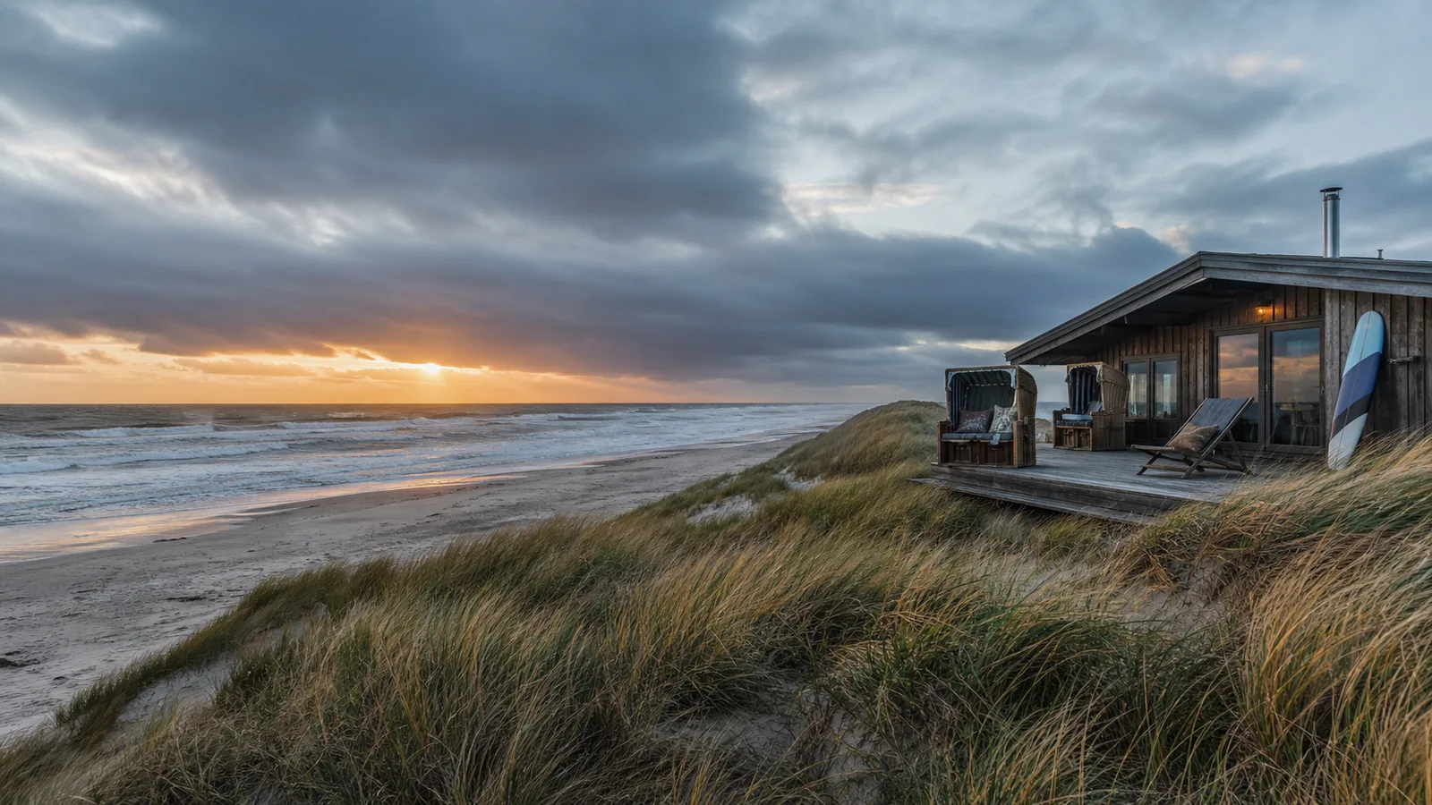 Nøgler og strandtaske på terrasse foran dansk sommerhus ved klitterne